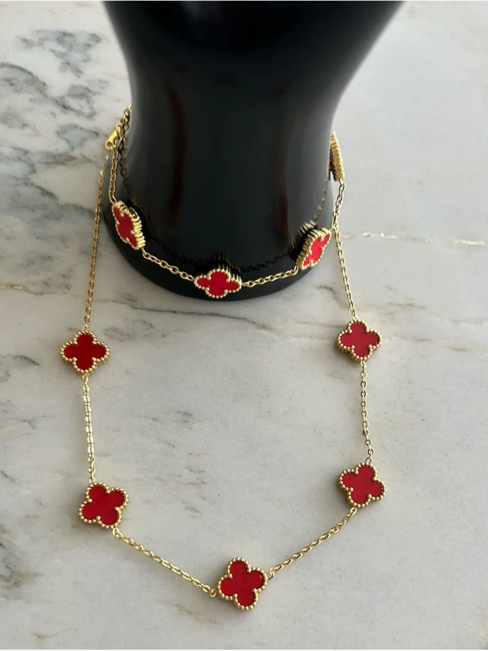 Gold-Tone Red Clover Station Necklace and Bracelet Set